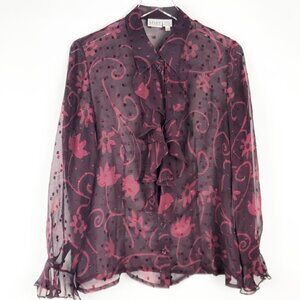 Vintage Apart Impressions Ruffled Front Floral Print Sheer Silk Blouse. Size 10
